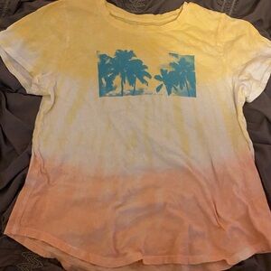 Old Navy Yellow to Peach Ombre Palm Tee with Blue Graphic